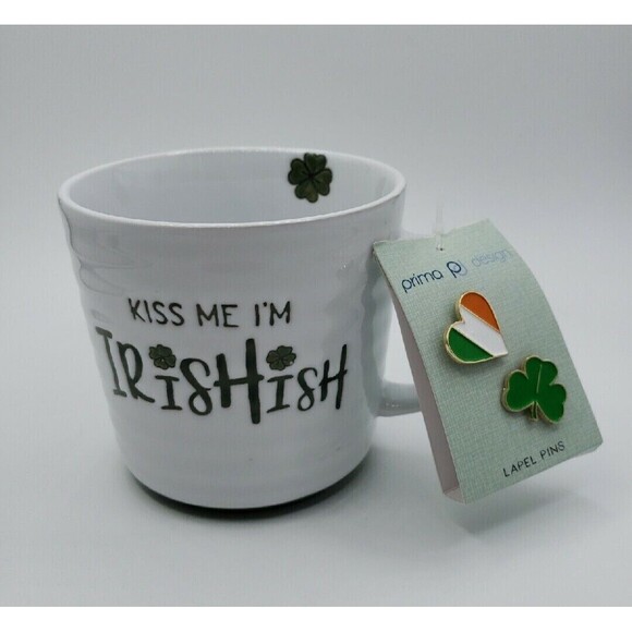 Kiss Me I'm Irishish Large Ceramic Coffee Mug With 2 Lapel Pins Prima Design - Picture 2 of 15